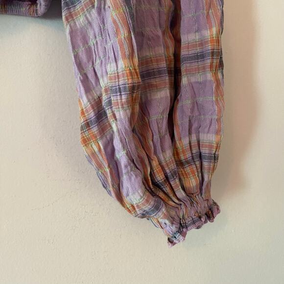 Free People Purple Plaid Puff Sleeve Babydoll Blouse Cropped Women's size Large - Picture 5 of 10